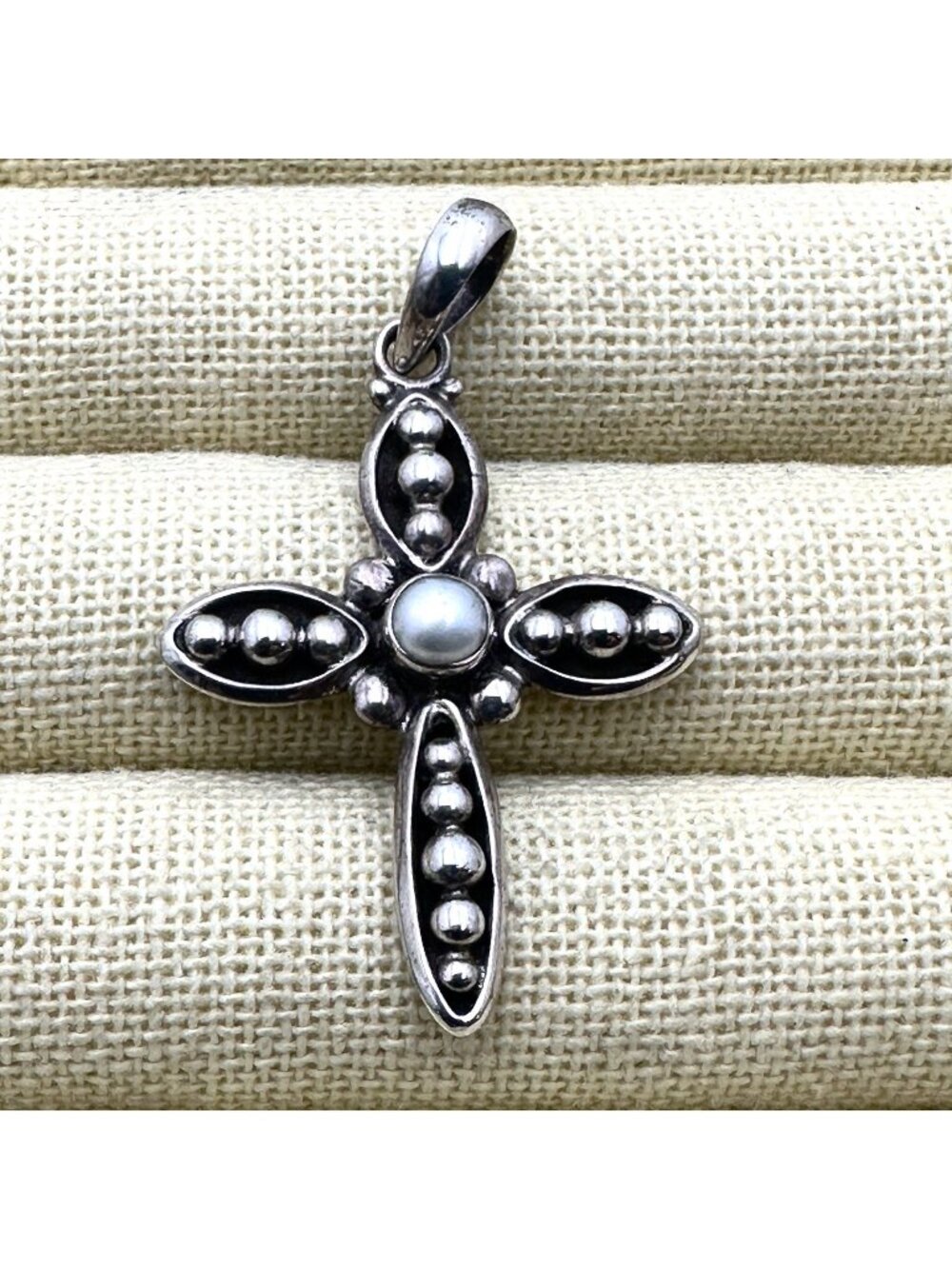 Silpada 925 Sterling Silver Vintage Real Pearl Beaded Cross Charm Pendant